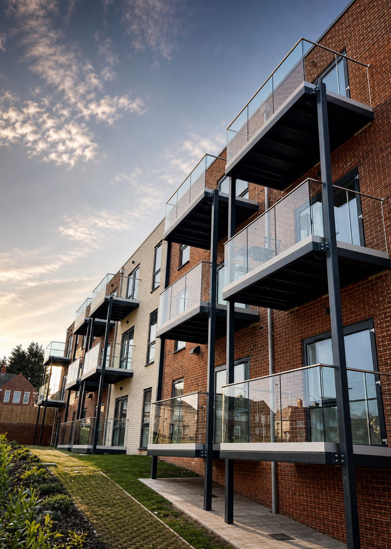 Commercial glass balustrade installation on a modern office building exterior