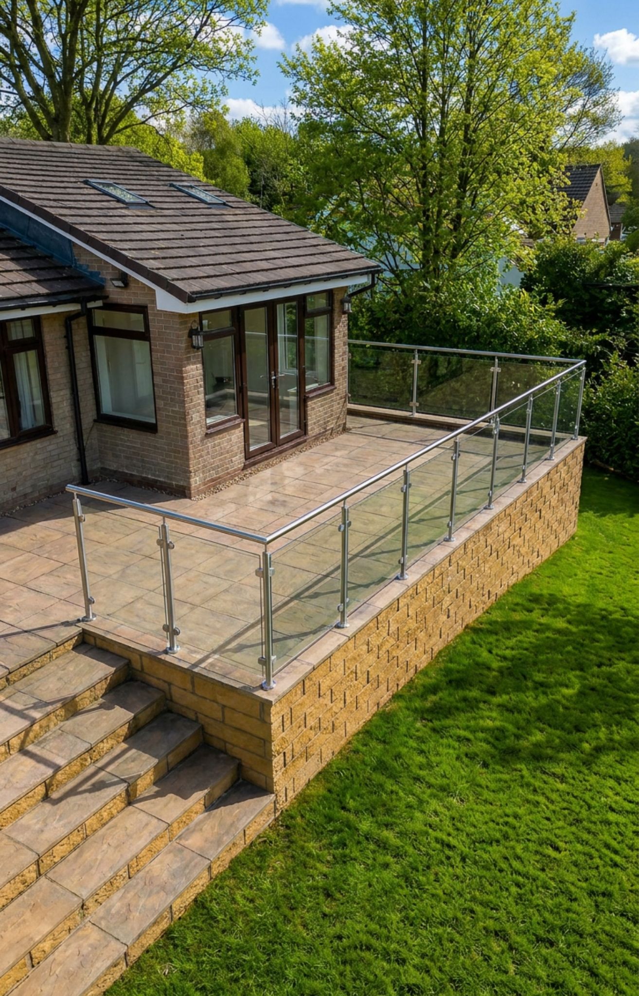 Glass and stainless steel balustrade system on a modern terrace