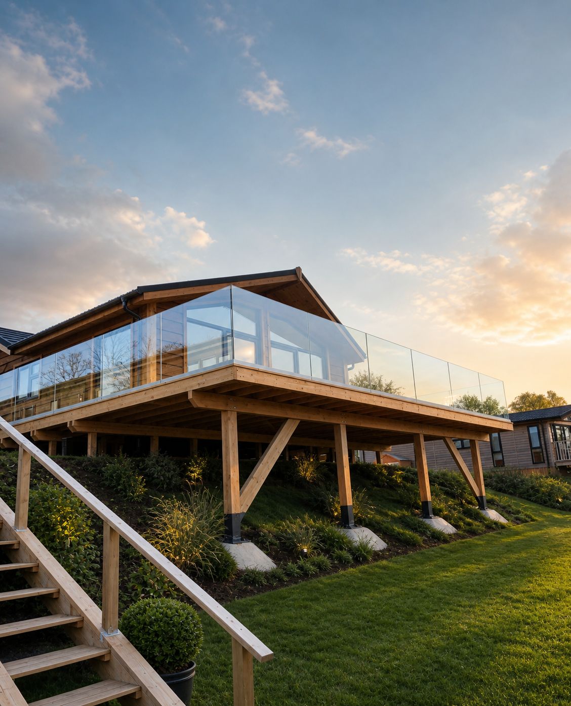 Luxury contemporary property with premium glass balustrade — sleek architectural outdoor living space